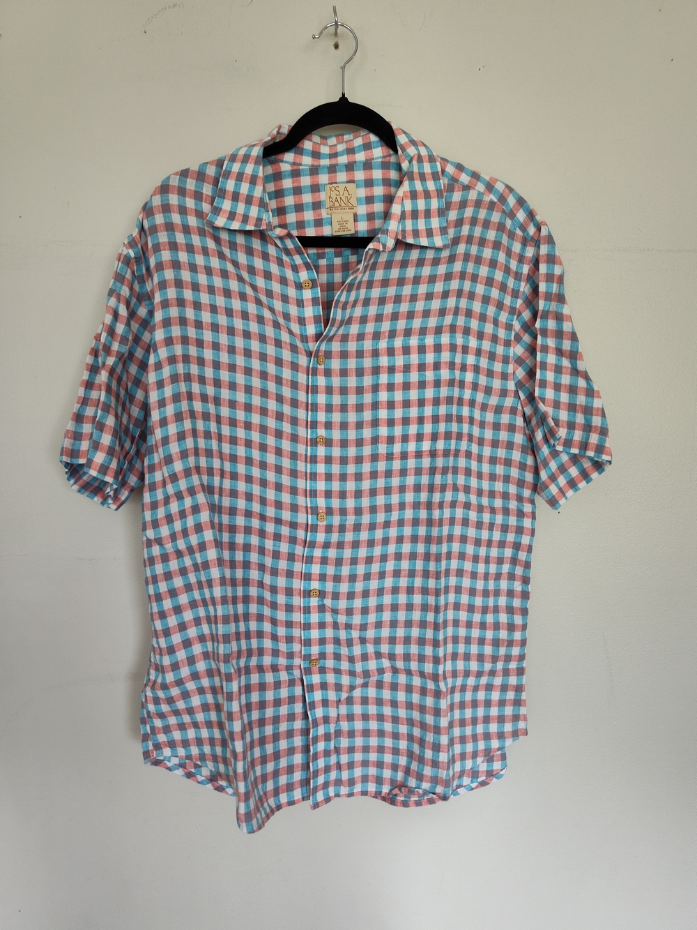 Jos. A. Bank Men’s 100% Linen Short Sleeve Checked Shirt - Blue & Red